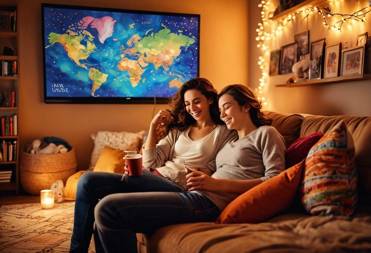 A cozy living room setting with a couple snuggled up on a plush sofa, surrounded by popcorn and drinks, watching a romantic and adventurous series on a large screen. The room is softly illuminated with string lights and warm tones, showcasing a world map on the wall and colorful throw pillows. Emphasize feelings of love, warmth, and excitement through the couple's expressions. vibrant colors. cozy atmosphere. digital painting.