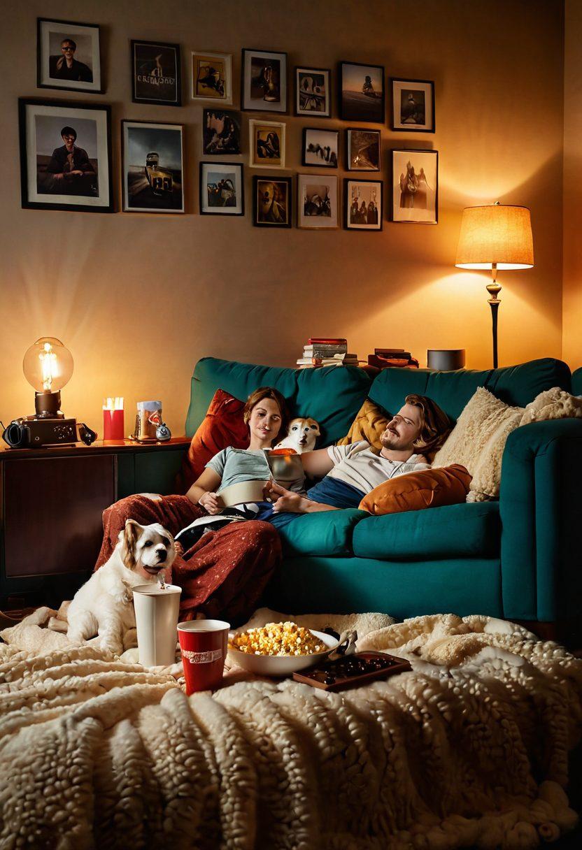 A cozy living room decorated with plush cushions and soft lighting, a vintage projector casting an alluring movie scene on a wall, a couple snuggled under a warm blanket, surrounded by popcorn and drinks, radiating warmth and intimacy. Inspire feelings of romance and adventure. vibrant colors. warm lighting. super-realistic.