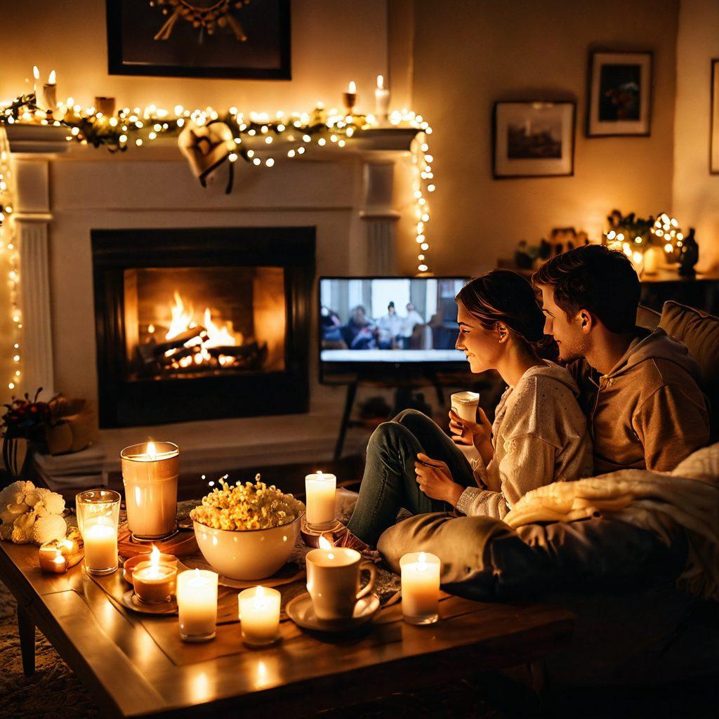A cozy living room setting at night, with a couple snuggled on a plush sofa, surrounded by soft fairy lights and a warm glow from a fireplace. They are watching a romantic TV show together, with expressions of joy and affection. A coffee table adorned with candles, popcorn, and two lovebirds perched nearby. The scene invokes warmth and intimacy, inviting the viewer into the world of romance. super-realistic. warm colors. soft focus.